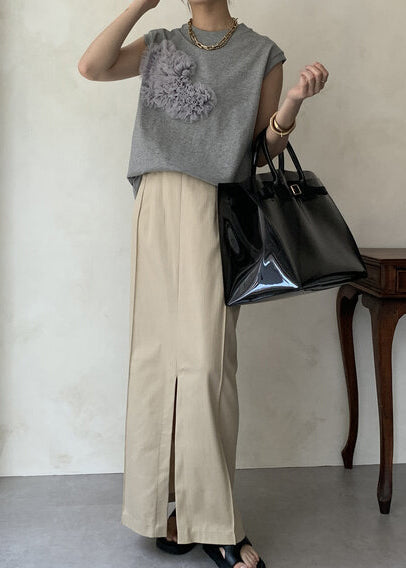 Cotton Tank Boho Tops Floral Decorated Grey Sleeveless