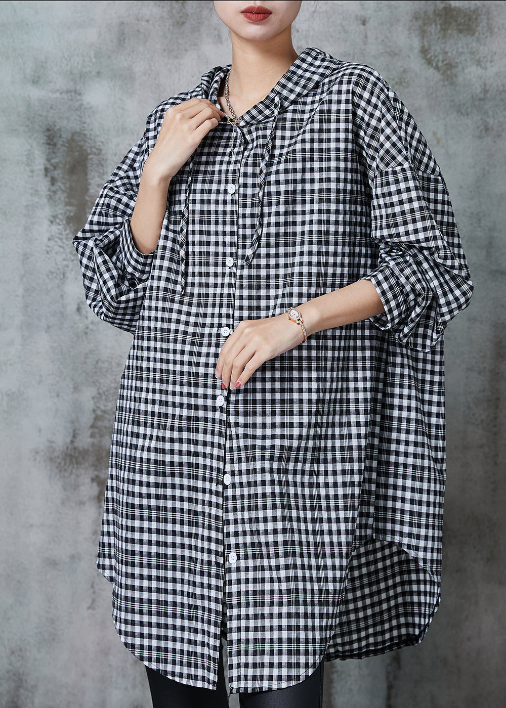 Boho Grey Hooded Plaid Linen Long Shirt Summer AL1018