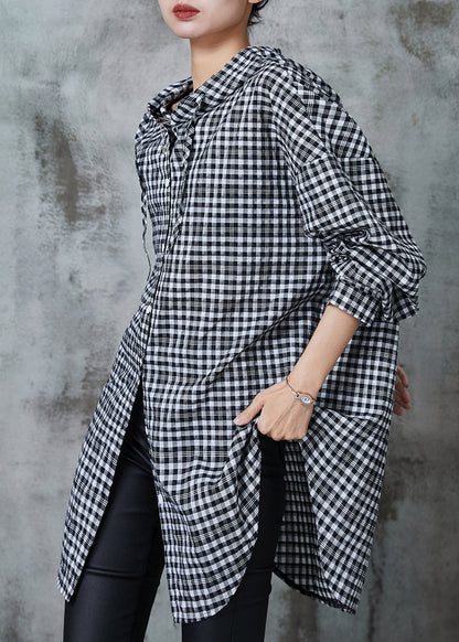 Boho Grey Hooded Plaid Linen Long Shirt Summer AL1018