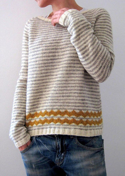 Boho Grey Striped O Neck Cozy Knit Sweaters Fall QA057