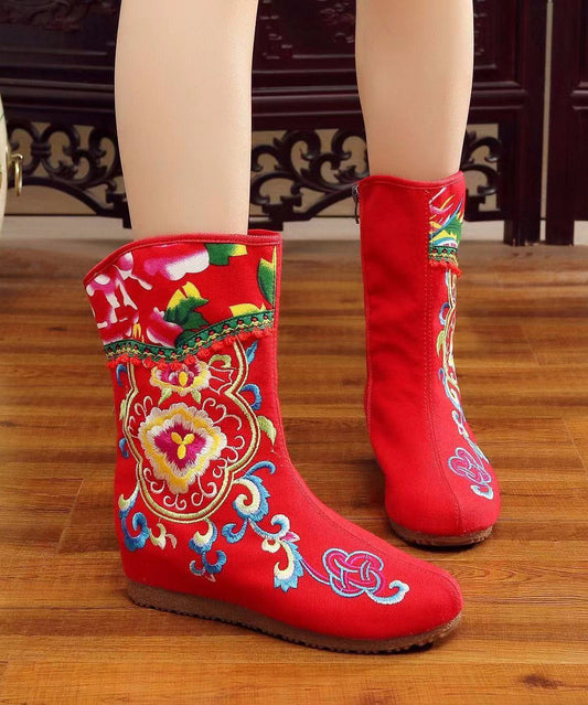 Boho Handmade Comfy Red Embroidery Wedge Boots CZ1013
