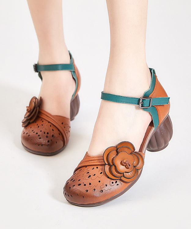 Boho Hollow Out Floral Chunky Heel Buckle Strap Brown Cowhide Leather CZ1033