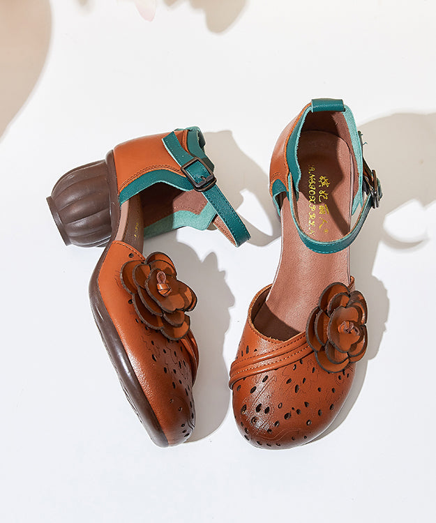 Boho Hollow Out Floral Chunky Heel Buckle Strap Brown Cowhide Leather CZ1033