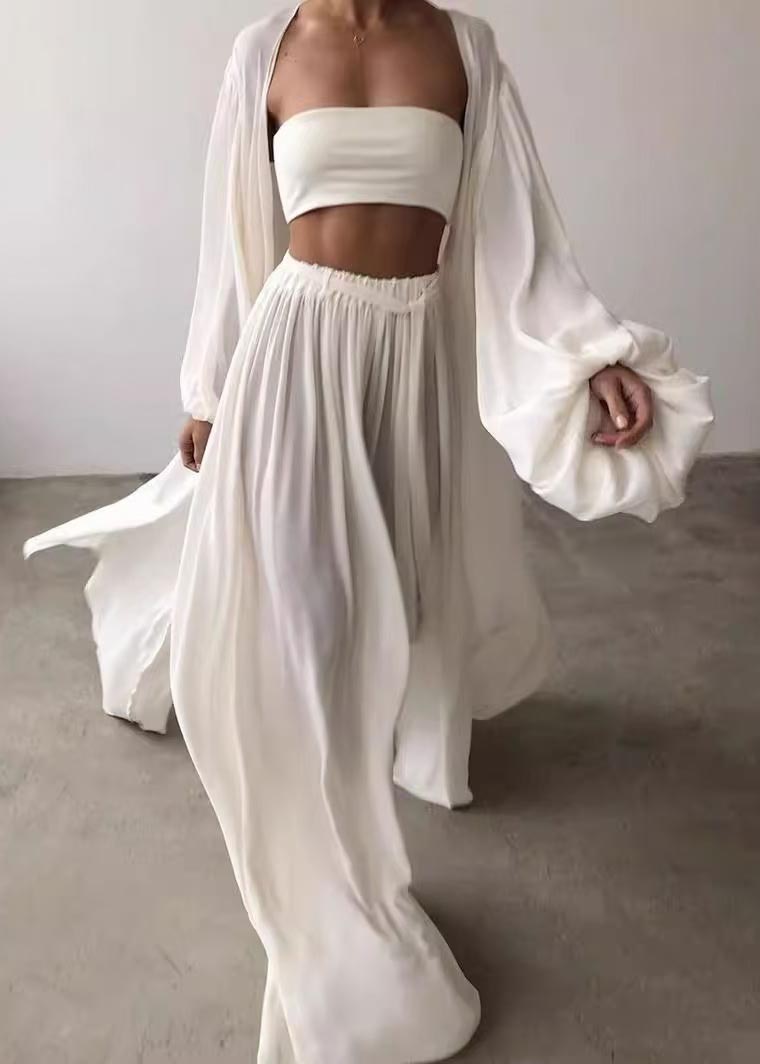 Ensemble de trois lanternes en mousseline de soie à manches kaki style bohème surdimensionné