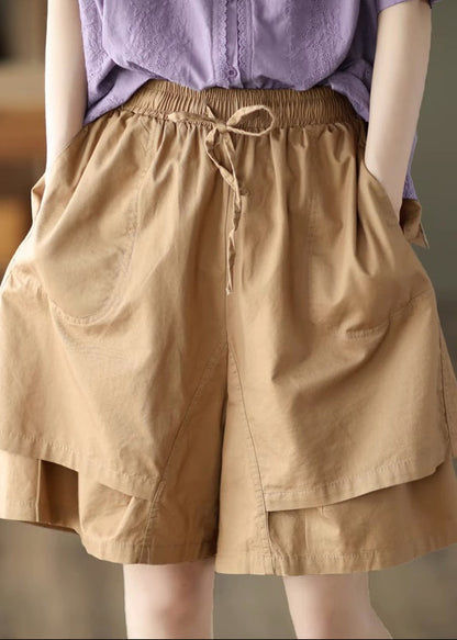 Boho Khaki Pockets Patchwork Elastic Waist Cotton Shorts Summer QQ1027