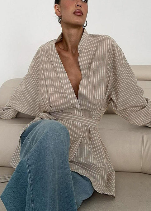 Khaki Fall Boho Striped Top Tunic Linen Shirt