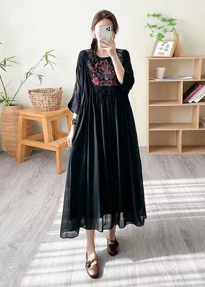 Boho Loose Black O Neck Embroidered Patchwork Silk Dress Summer WW1027