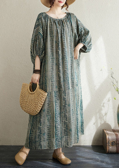 Boho Loose Green O Neck Striped Cotton Long Dress Summer AP037