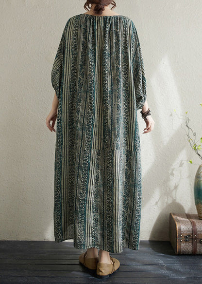 Boho Loose Green O Neck Striped Cotton Long Dress Summer AP037