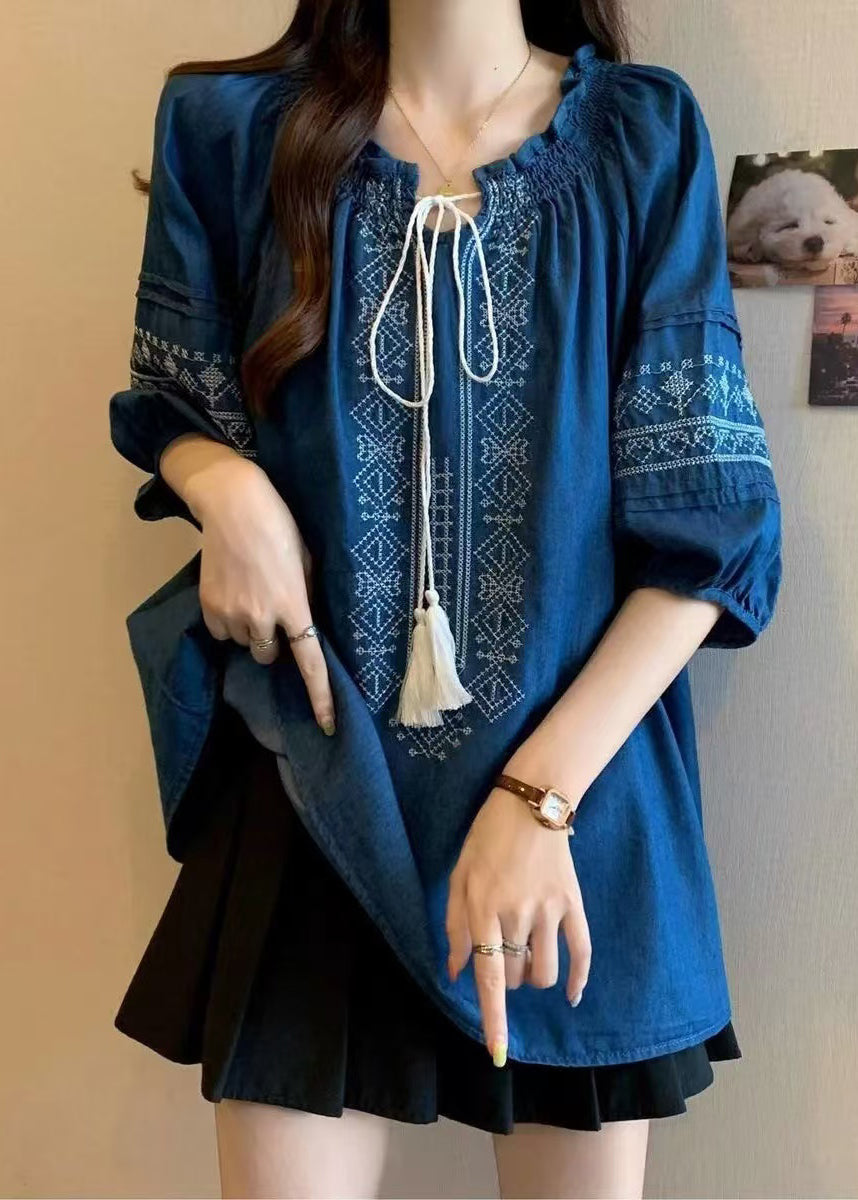 Cotton Sleeve Navy Embroidered Bracelet Ruffled Blouses Boho
