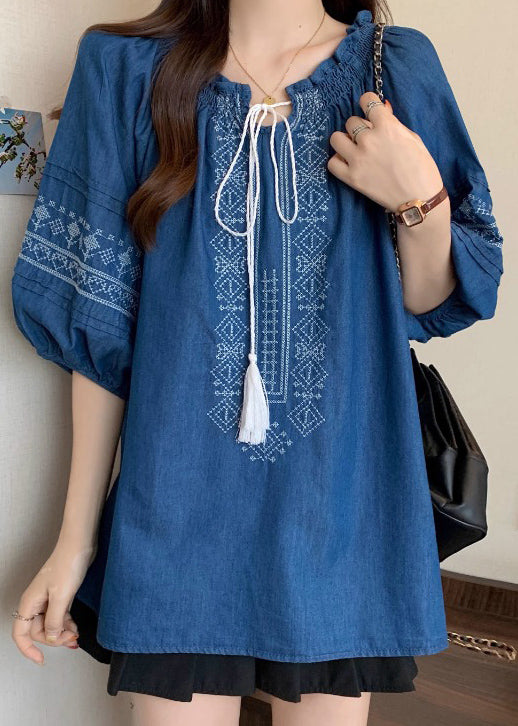 Cotton Sleeve Navy Embroidered Bracelet Ruffled Blouses Boho