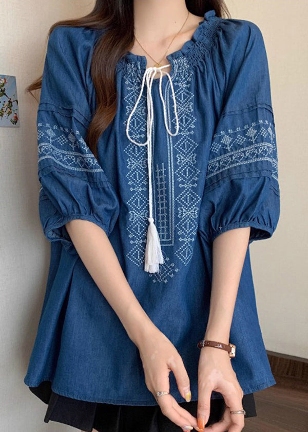 Cotton Sleeve Navy Embroidered Bracelet Ruffled Blouses Boho