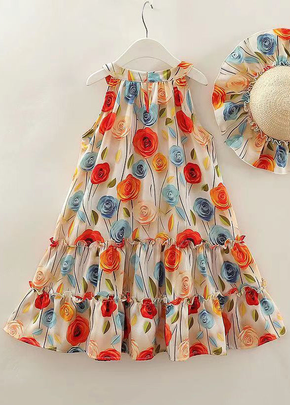 Boho O Neck Ruffled Print Cotton Girls Dresses Sleeveless EW042