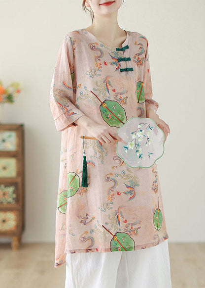 Boho Pink O Neck Print Chinese Button Cotton Mid Dress Summer AP083