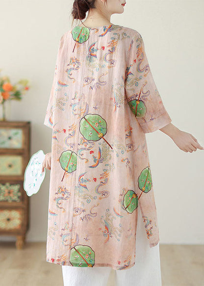 Boho Pink O Neck Print Chinese Button Cotton Mid Dress Summer AP083