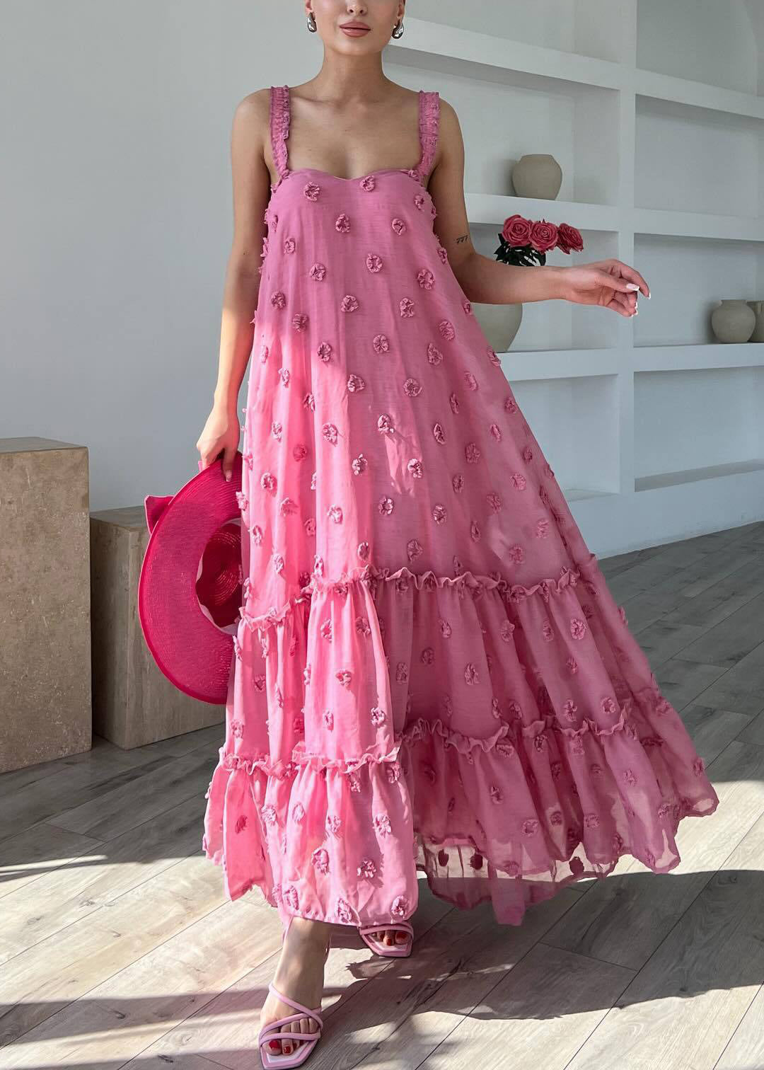 Robe sans manches en coton à fines bretelles et volants, style bohème, rose