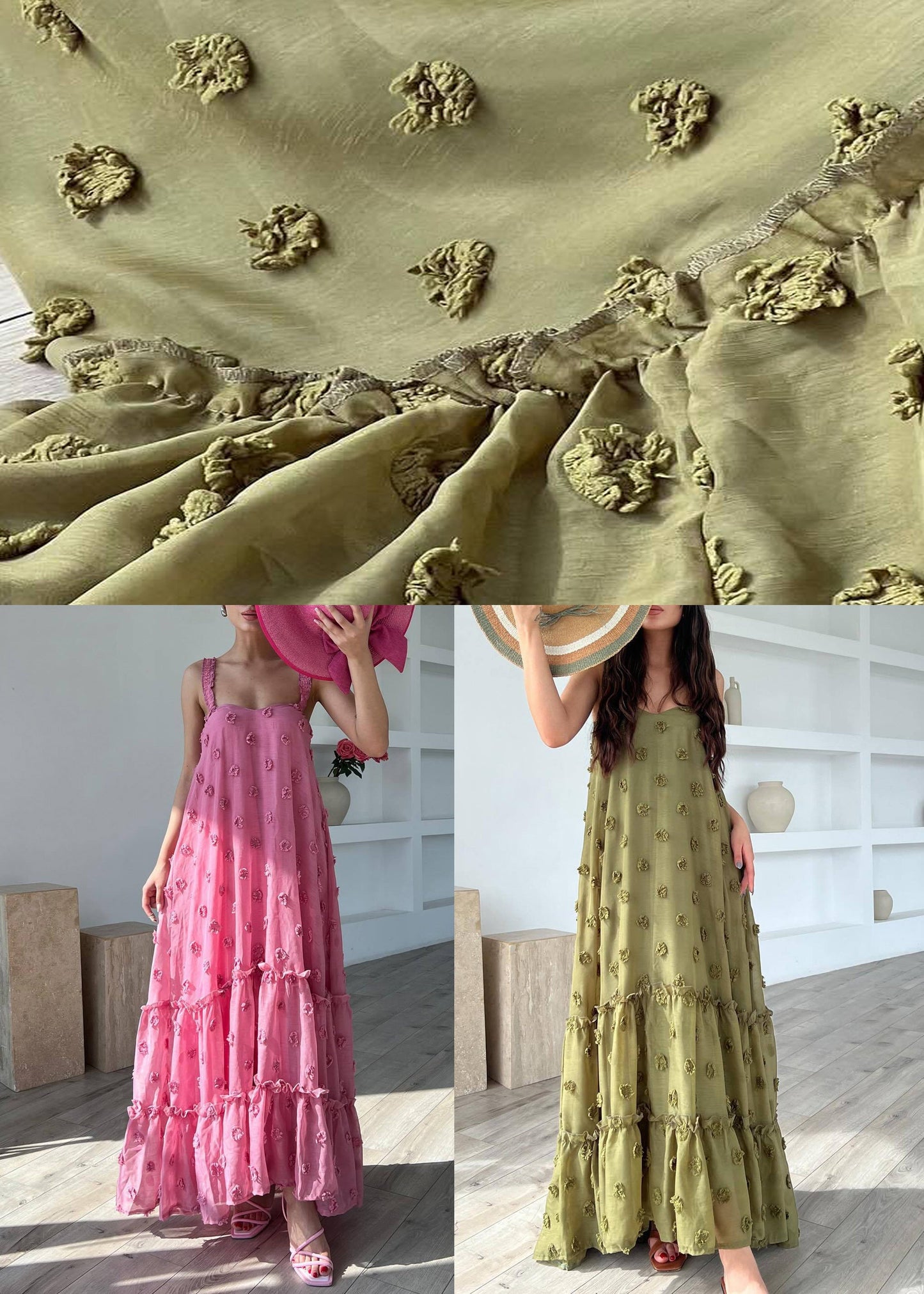 Robe sans manches en coton à fines bretelles et volants, style bohème, rose