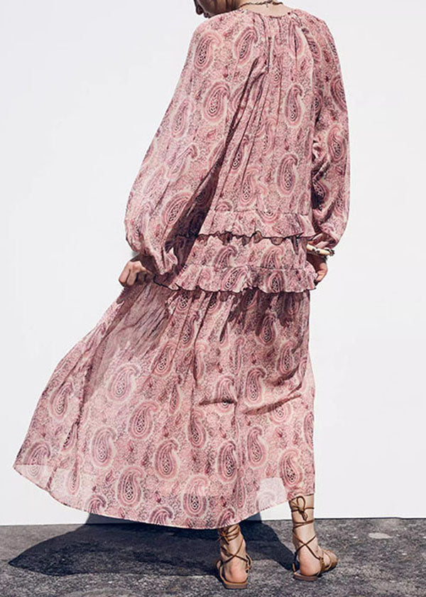 Ruffled Neck Boho Chiffon Pink Print Dresses V Fall