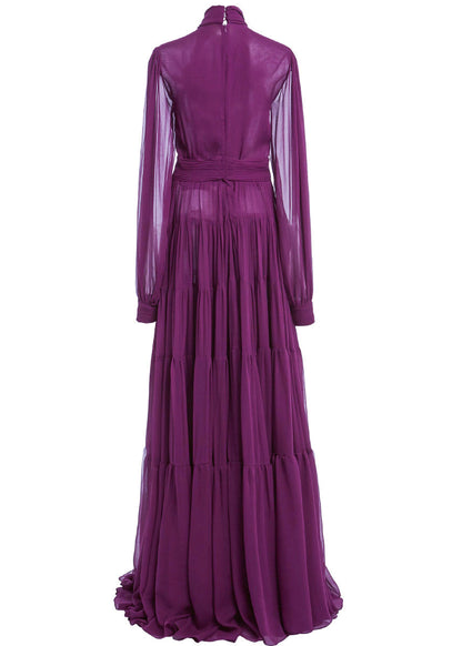 Boho Purple Bow Wrinkled Hollow Out Chiffon Ankle Dress Fall QR041