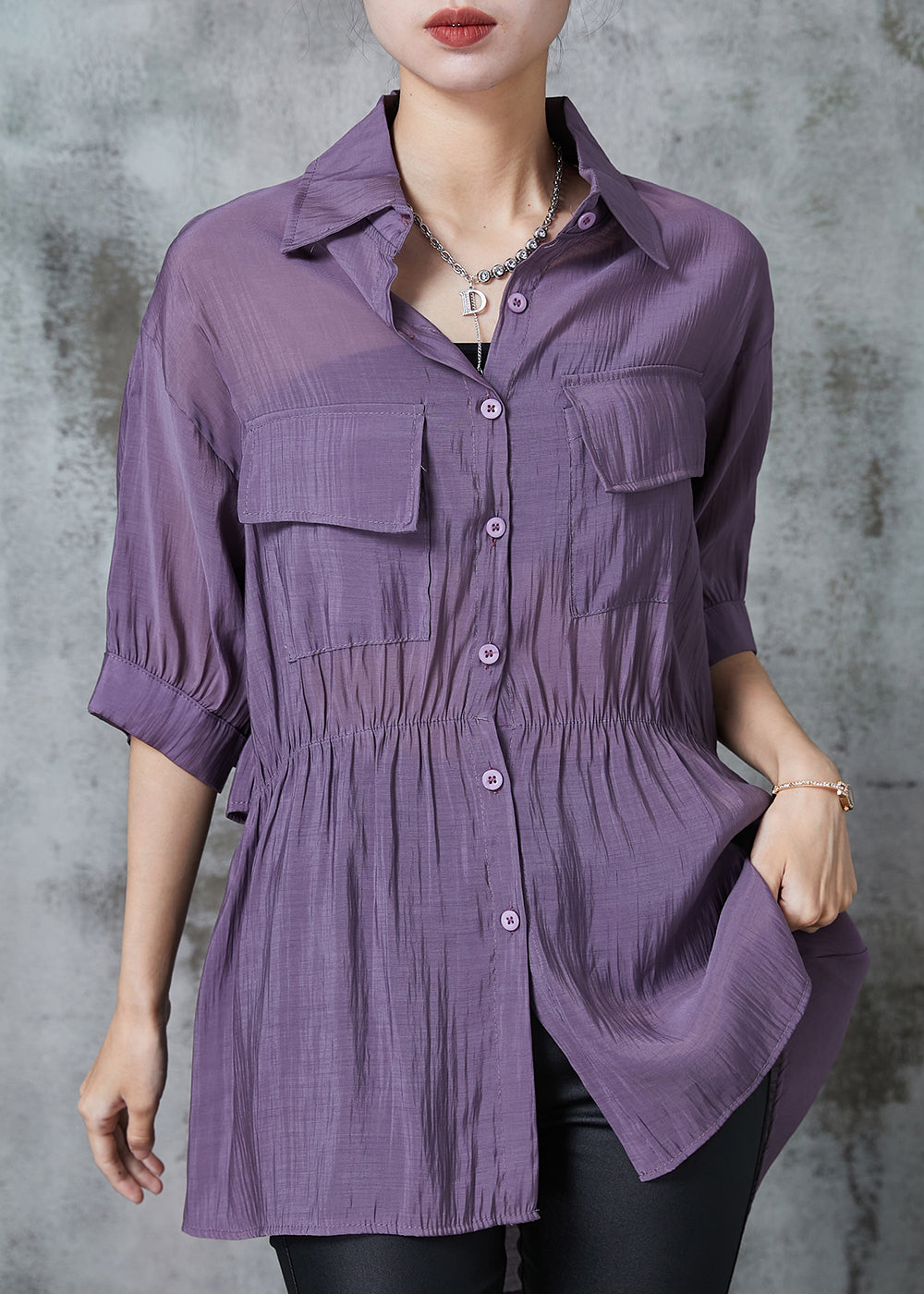 Boho Purple Cinched Pockets Cotton Blouse Tops Summer AL1023