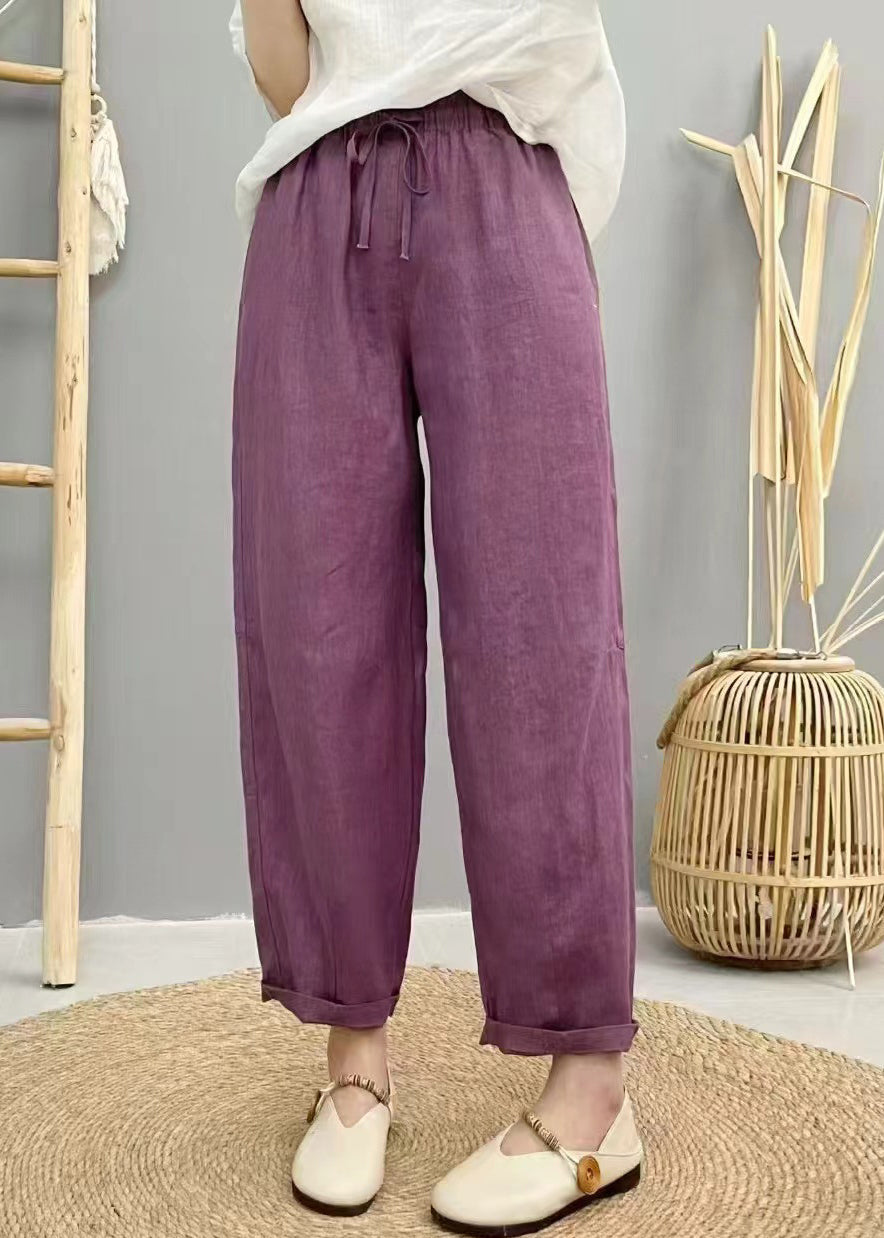 Pantalon d'été taille élastique surdimensionné sarouel lin violet bohème