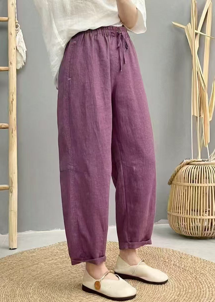 Pantalon d'été taille élastique surdimensionné sarouel lin violet bohème