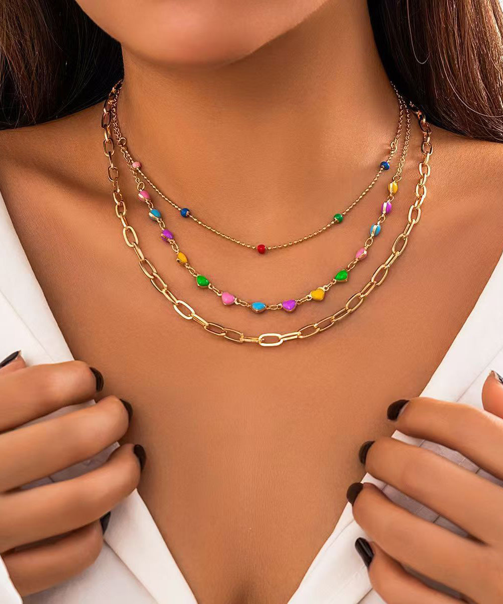 Boho Rainbow Alloy Beading Broken Silver Love Three Piece Set Princess Necklace RG014