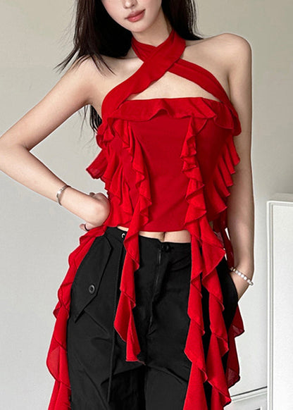 Boho Red Backless Ruffled Solid Cotton Tank Sleeveless KK078