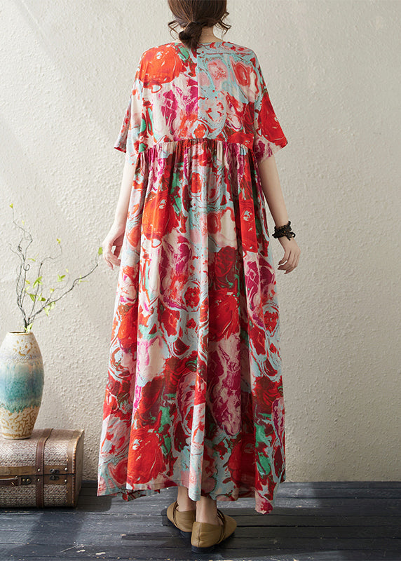 Boho Red O Neck Print Wrinkled Cotton Vacation Dresses Summer AP073