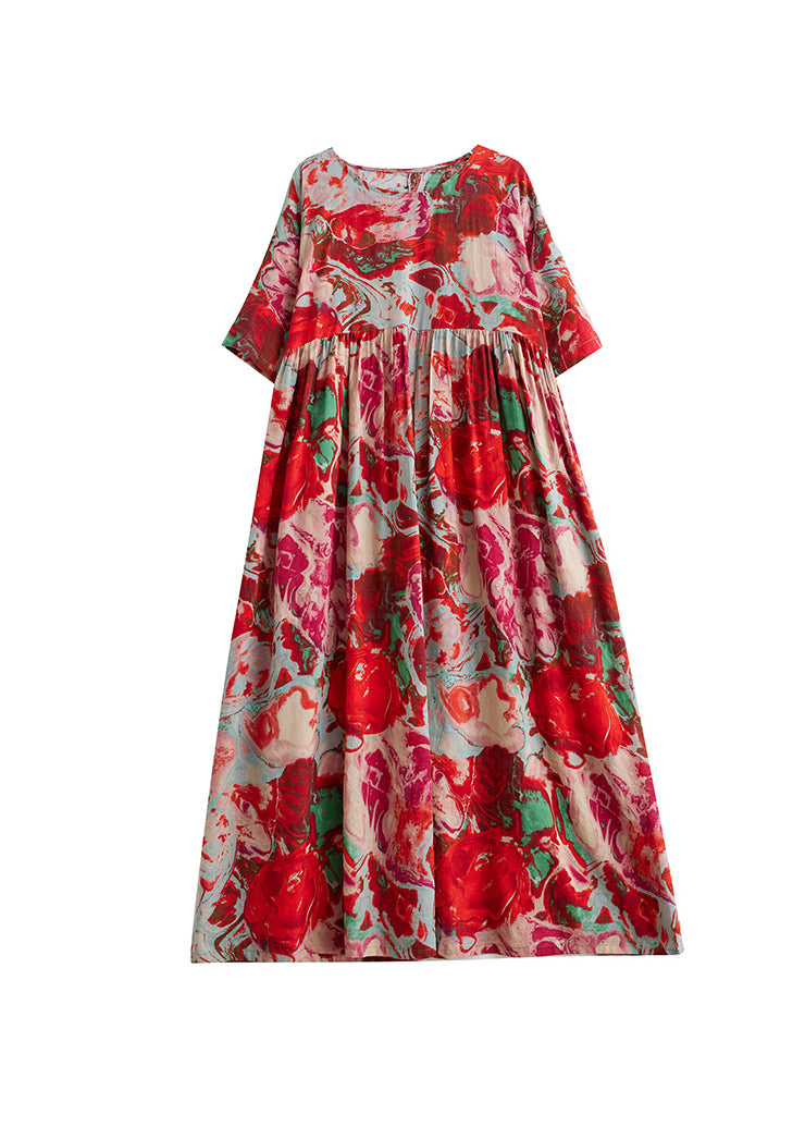 Boho Red O Neck Print Wrinkled Cotton Vacation Dresses Summer AP073