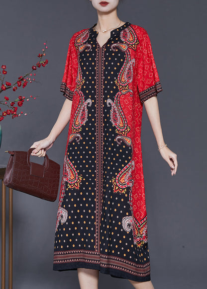 Boho Red V Neck Print Chiffon Holiday Dresses Summer SD1063