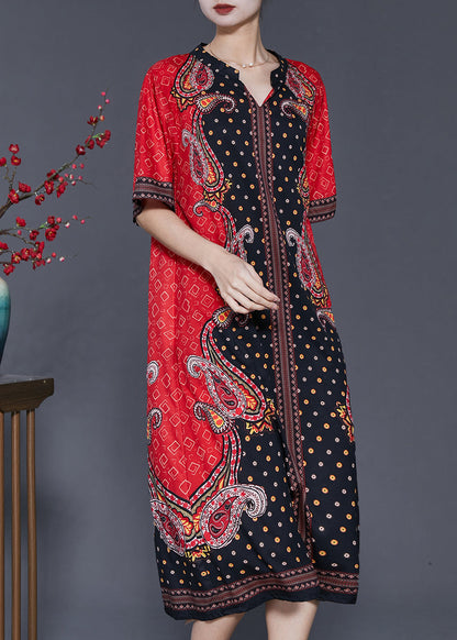 Boho Red V Neck Print Chiffon Holiday Dresses Summer SD1063