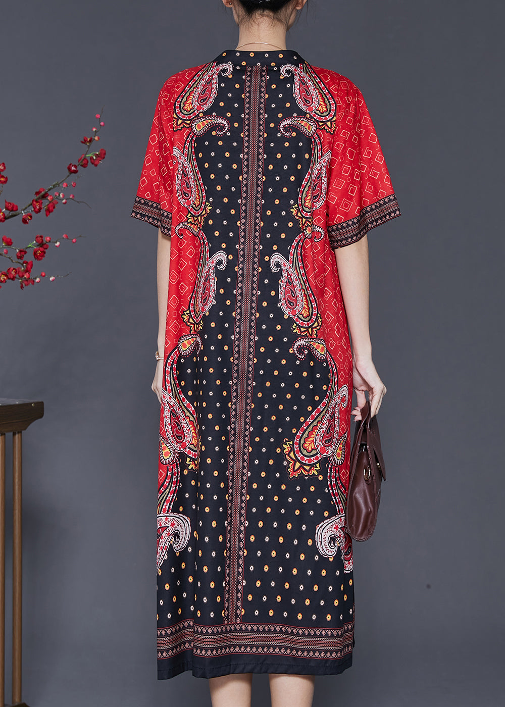 Boho Rotes V-Ausschnitt Print Chiffon Urlaubskleid Sommer SD1063