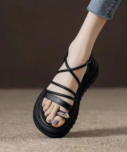 Boho Splicing Plateau Sandalen Schwarz Rindsleder Peep Toe JJ059