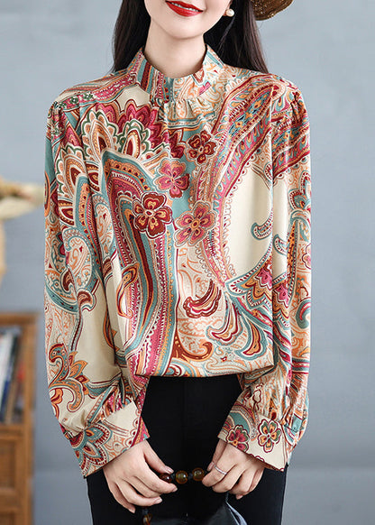 Boho Stand Collar Print Plus Size Cotton Shirt Tops Fall QO076