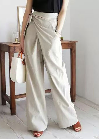 White Straight Boho Fall Linen Side Asymmetrical Tie Pants Waist