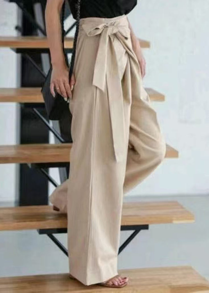 White Straight Boho Fall Linen Side Asymmetrical Tie Pants Waist