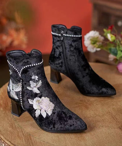 Boho White Embroidery Nail Bead Chunky Heel Boots CZ1056