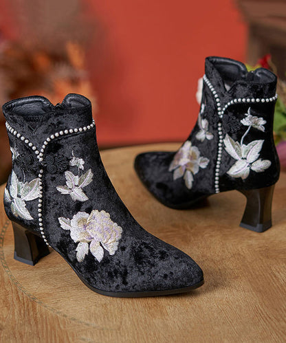 Boho White Embroidery Nail Bead Chunky Heel Boots CZ1056