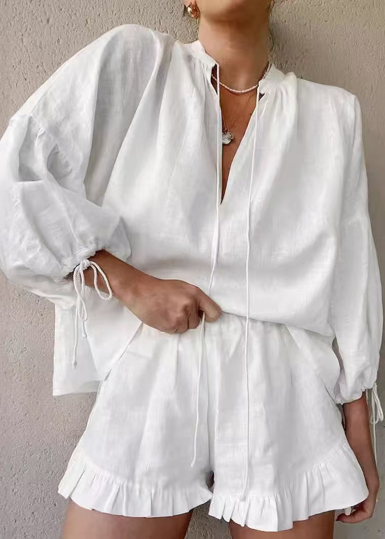 Sets Boho Ruffled Summer Women Oversized 2 Cotton White Pieces