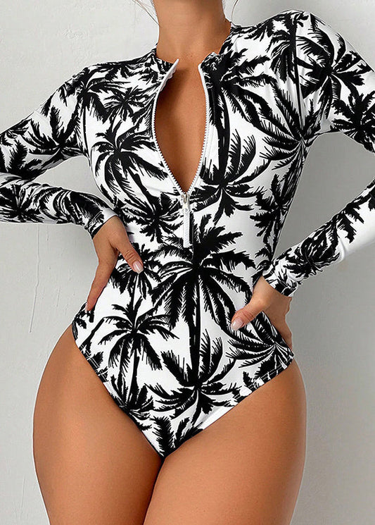 Boho Weißer Print Reißverschluss Bodysuit Bademode VC018