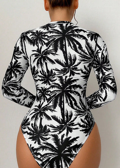 Boho White Print Zippered Bodysuit Swimwear VC018