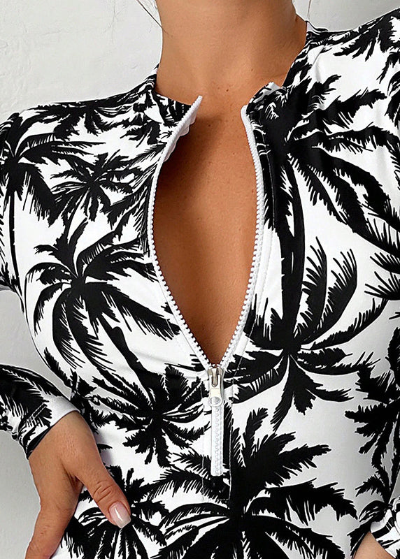 Boho Weißer Print Reißverschluss Bodysuit Bademode VC018