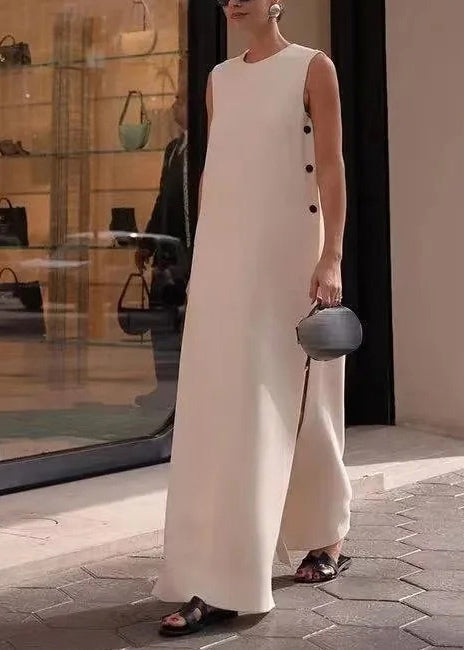 Robe trapèze blanche style bohème en coton, sans manches, avec ouverture latérale, TL008