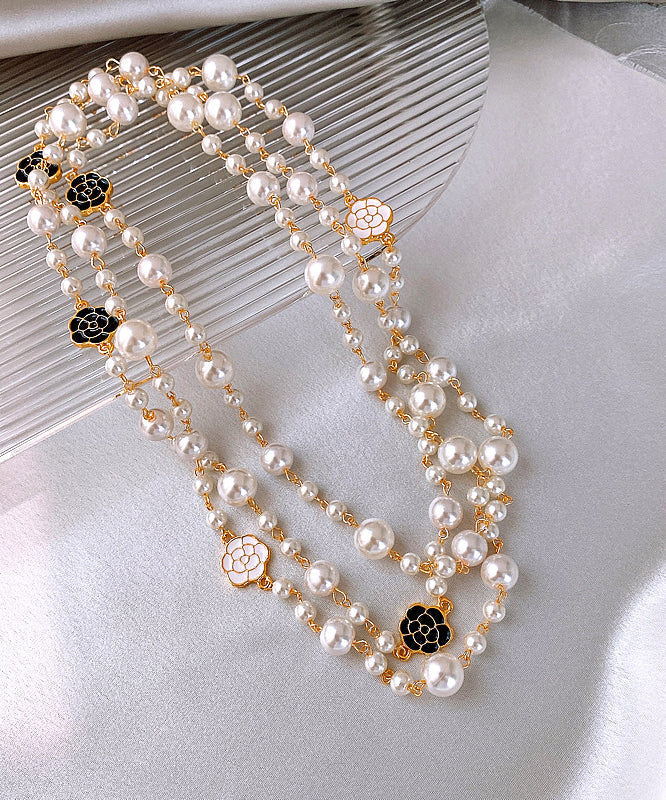 Boho White Sterling Silver Alloy Pearl Camellia Gratuated Bead Necklace PO010