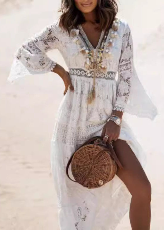 Boho Weiß Quaste Aushöhlen Spitze Kleider Sommer TL038