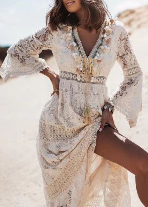Boho Weiß Quaste Aushöhlen Spitze Kleider Sommer TL038