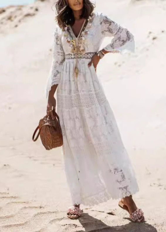 Boho Weiß Quaste Aushöhlen Spitze Kleider Sommer TL038