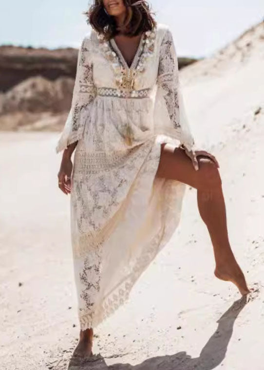 Boho Weiß Quaste Aushöhlen Spitze Kleider Sommer TL038
