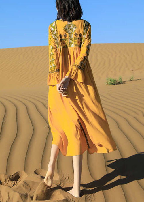Fall Tasseled Cotton Dress Boho Patchwork Embroidered Yellow